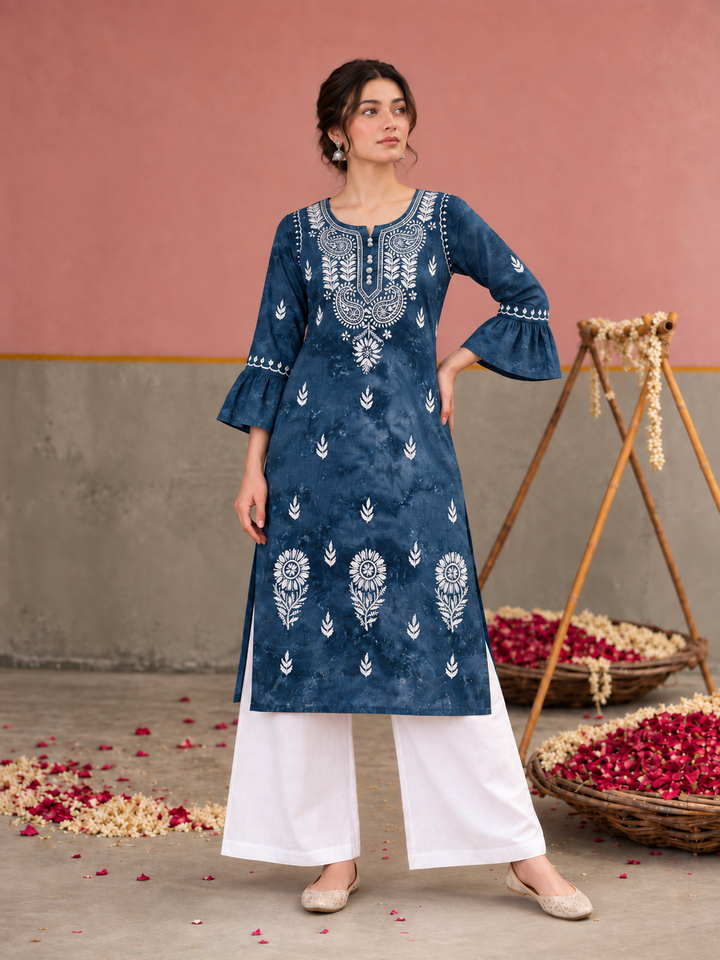 Rumi Denim Print Cotton Chikankari Straight Kurta