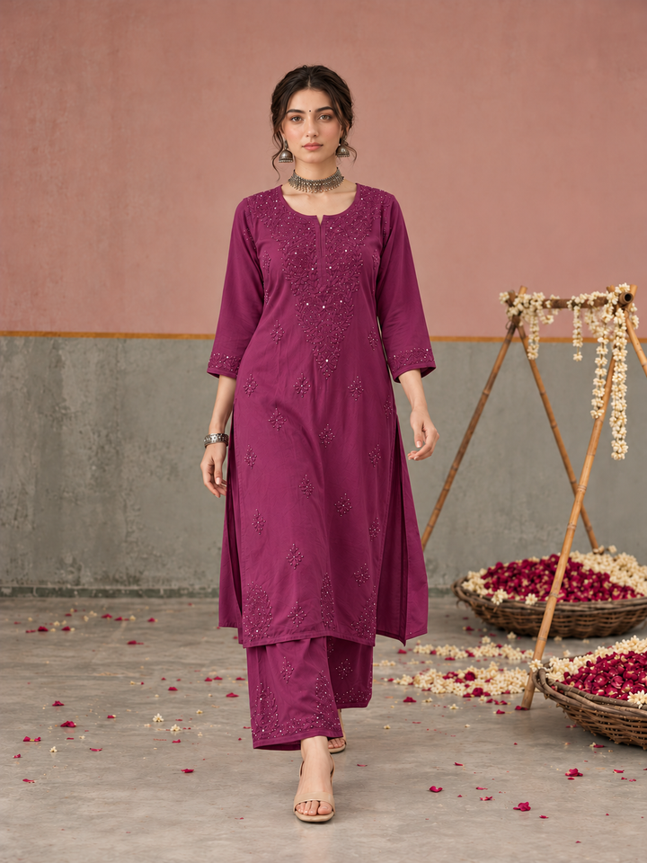 Avika Rayon Chikankari Mukaish Co-ord Set