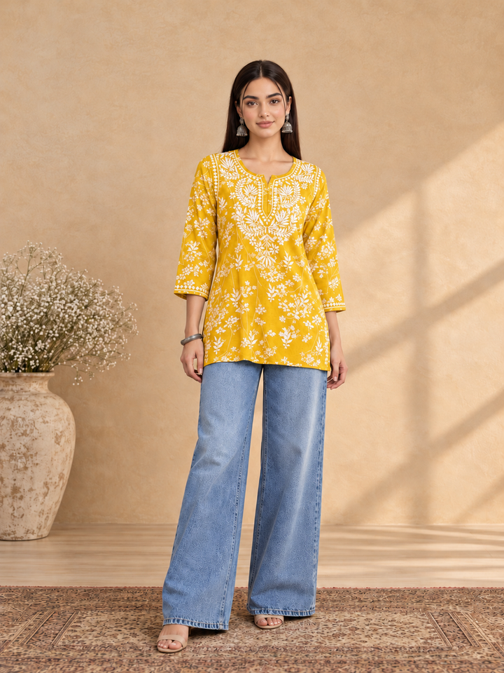 Zeba Chikankari Mulmul Short Kurti