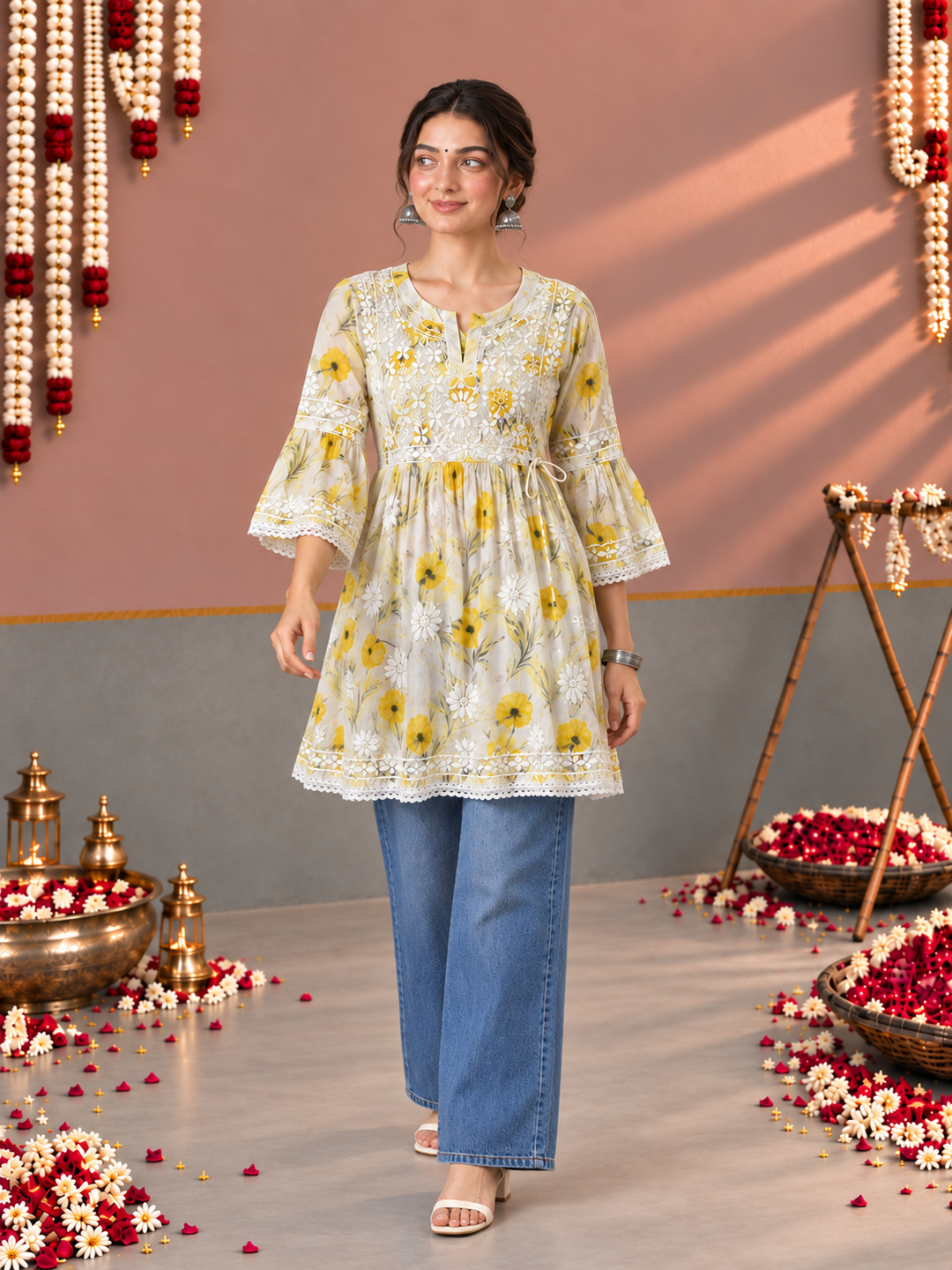 Dhara Mulmul Chikankari Printed Short Gown