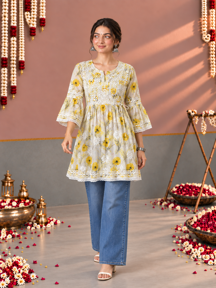 Dhara Mulmul Chikankari Printed Short Gown