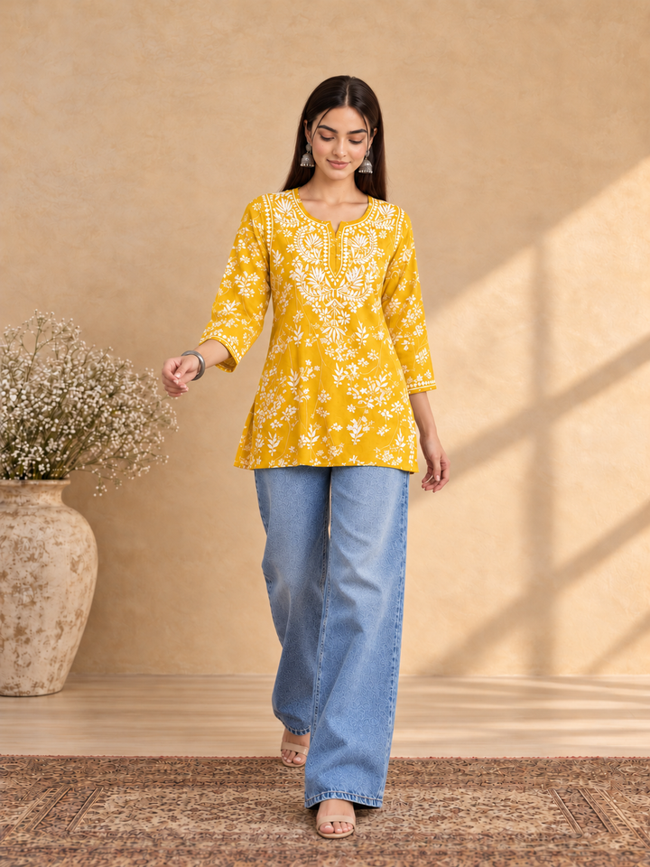 Zeba Chikankari Mulmul Short Kurti