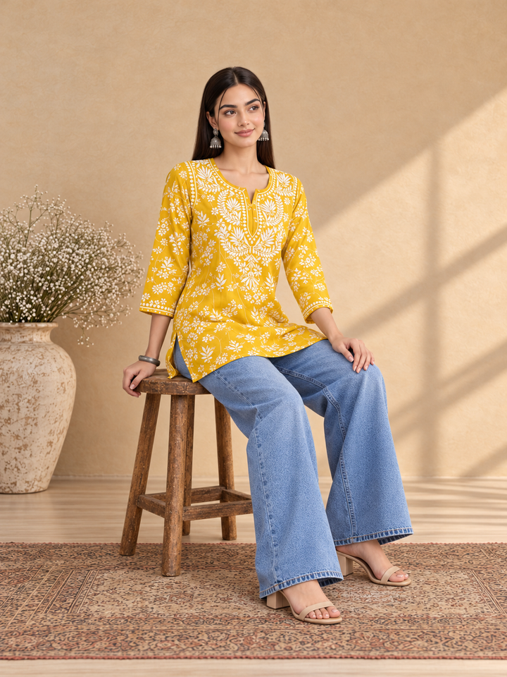 Zeba Chikankari Mulmul Short Kurti