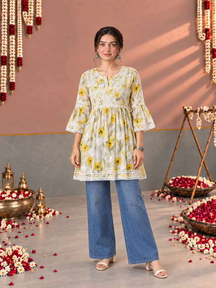 Dhara Mulmul Chikankari Printed Short Gown