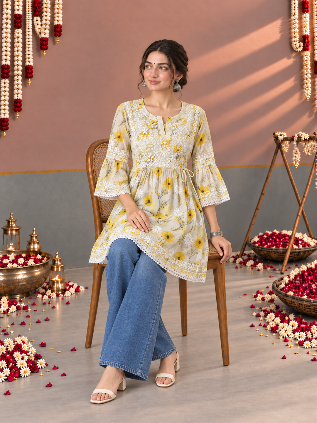 Dhara Mulmul Chikankari Printed Short Gown
